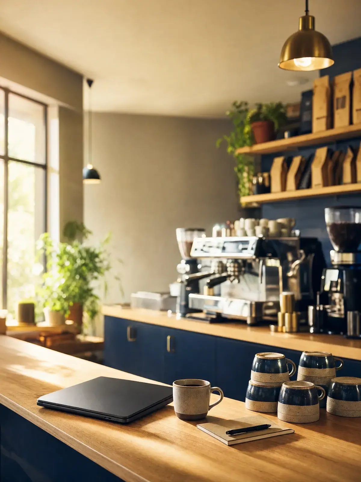 A café counter with a laptop, a mug and stacked ceramic cups, an espresso machine and paper bags of coffee on open shelving behind.