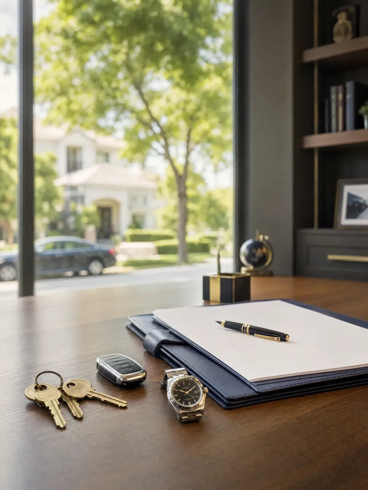 House keys, a car key fob and a watch on a desk in front of a window looking out to a house and a parked car.
