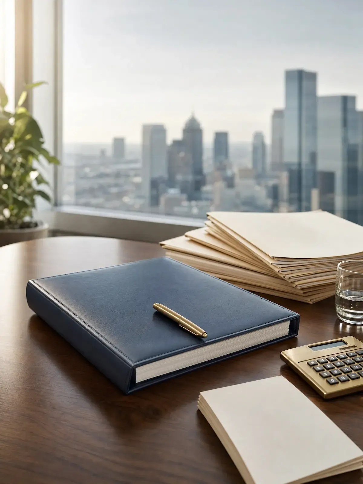 A navy portfolio and a pen on a desk beside a gold calculator, a single stack of paper and a city skyline through the window.