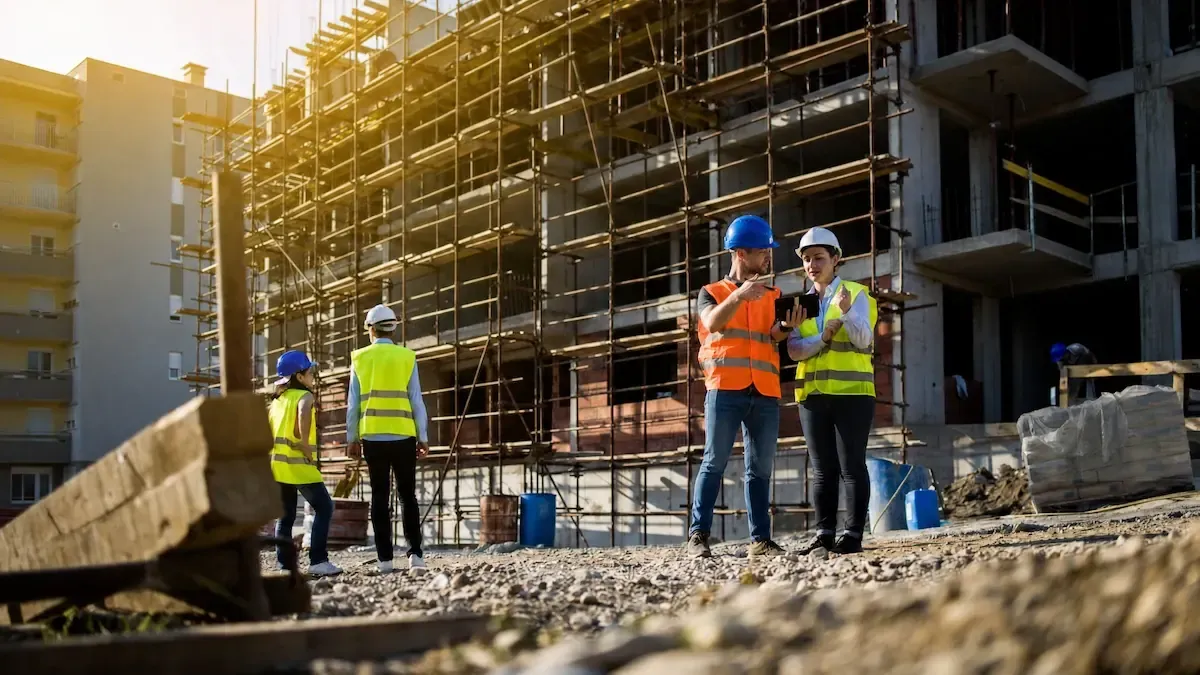 Hard-hatted workers in safety vests reviewing a tablet in front of a scaffolded concrete building at sunset.