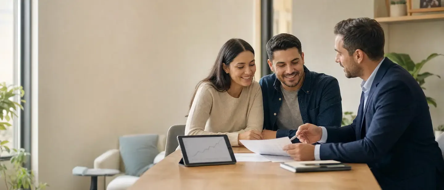 Two business owners and a funding specialist at a wooden table, going through paperwork beside a tablet showing a rising chart.