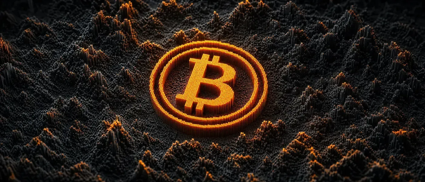 A glowing orange Bitcoin symbol rising out of a dark, pixelated landscape.