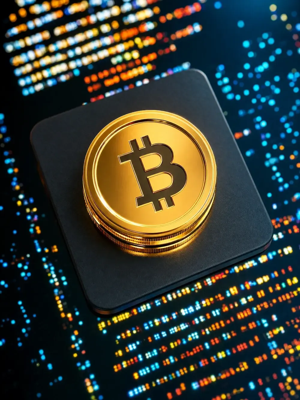 A gold Bitcoin coin standing upright on a dark slate, with blurred streams of coloured data behind it.