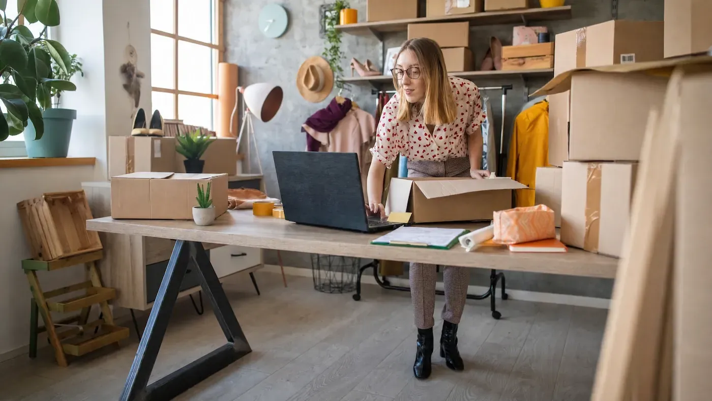 Woman in glasses packing an open cardboard box at a desk with a laptop, surrounded by shipping cartons and clothing on a rack.