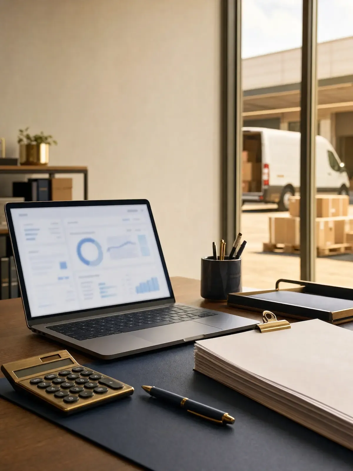 A laptop showing a receivables dashboard, a calculator and a clipboard of documents on a desk, with a loaded delivery van through the window.