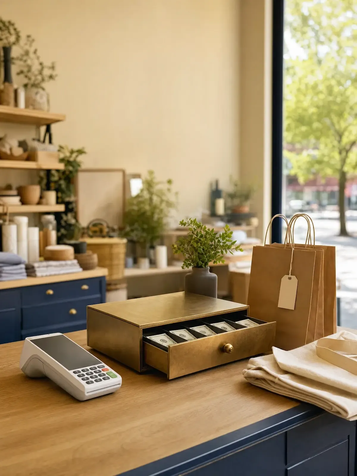 A shop counter with an open brass cash drawer, a card terminal, paper bags and folded linen, stocked shelves behind.