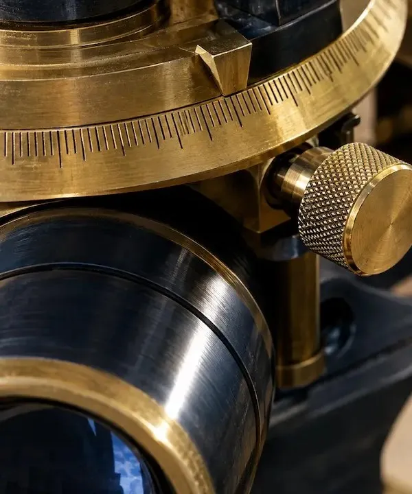 Macro of a brass surveyor theodolite: graduated dial, knurled screw and lens barrel.