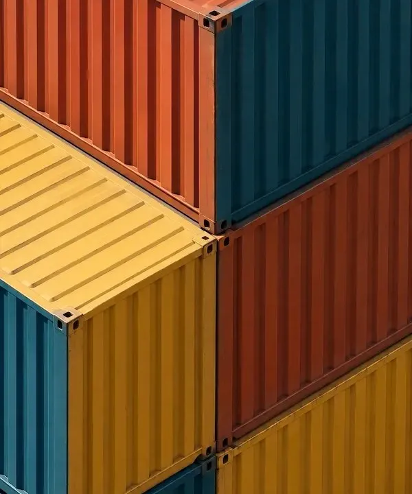 Stacked shipping containers in terracotta, teal and mustard, squared into a grid.