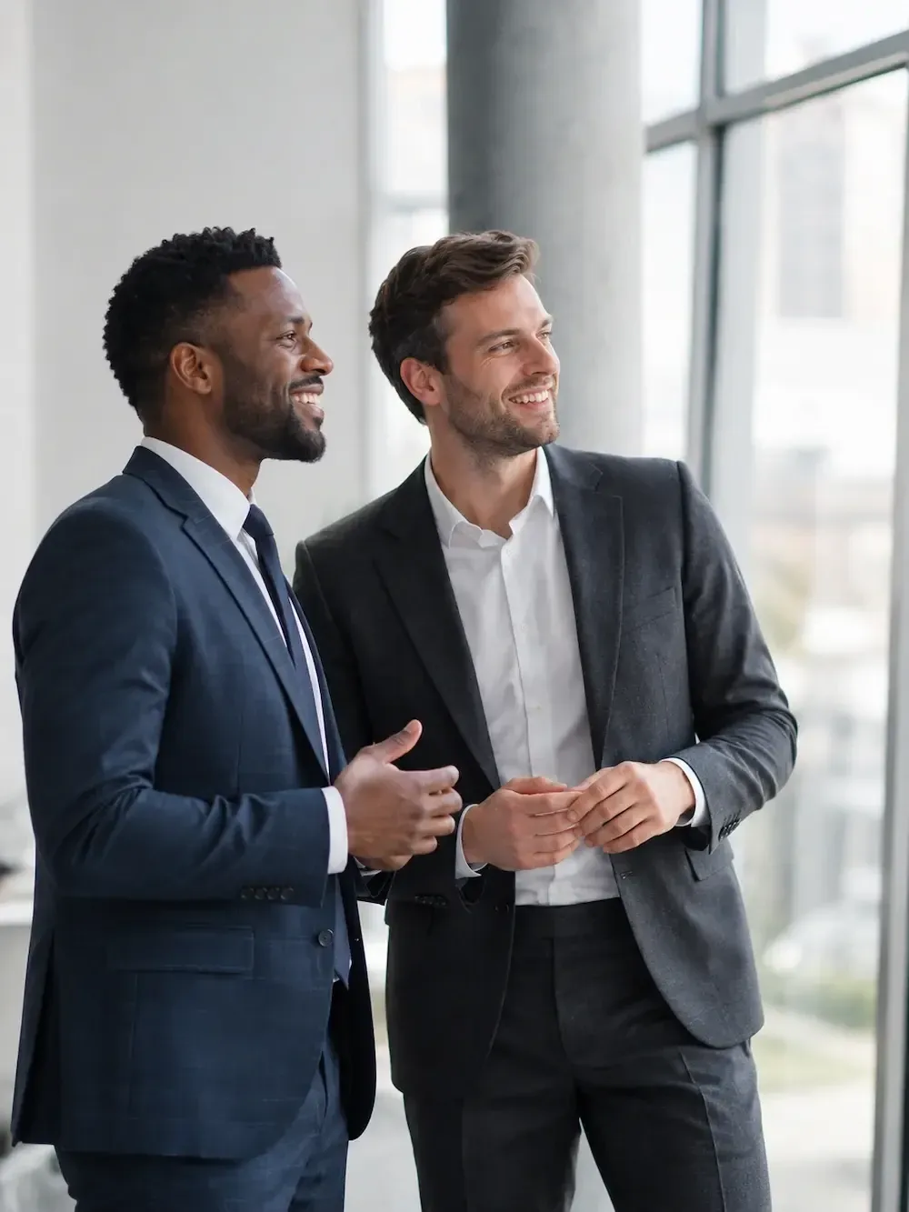 Two men in dark suits stand beside a tall window in a bright office, smiling as they talk, one of them gesturing with an open hand.