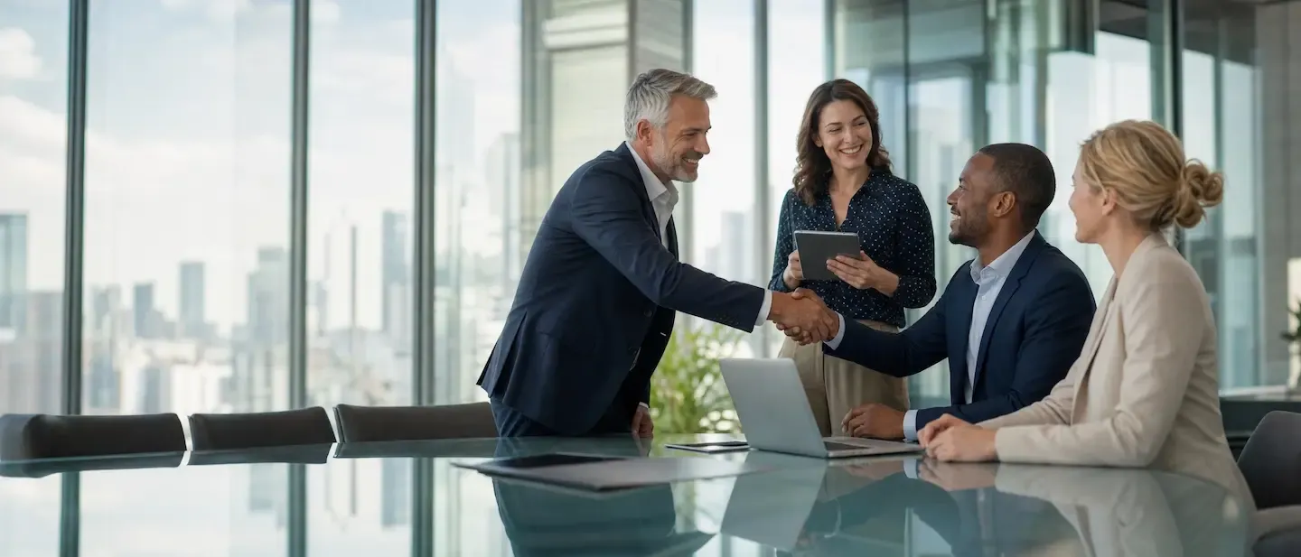 Four colleagues in a glass-walled boardroom: two men shake hands across the table while a woman holding a tablet and a seated colleague watch, the city beyond the windows.