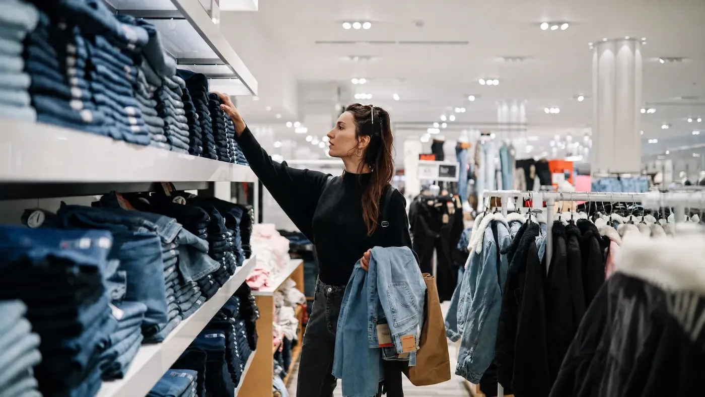 Shopper in a black sweater reaching for folded jeans on a white store shelf, holding a denim jacket beside a clothing rack.