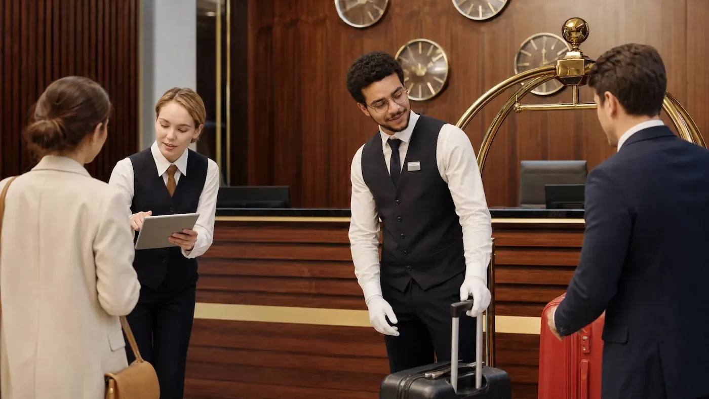 Hotel staff at a wood-paneled reception desk greeting guests with a luggage cart, tablet, and rolling suitcases.